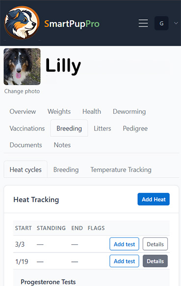 SmartPupPro heat cycle tracking screen with cycle dates, fertile window, and breeding reminders