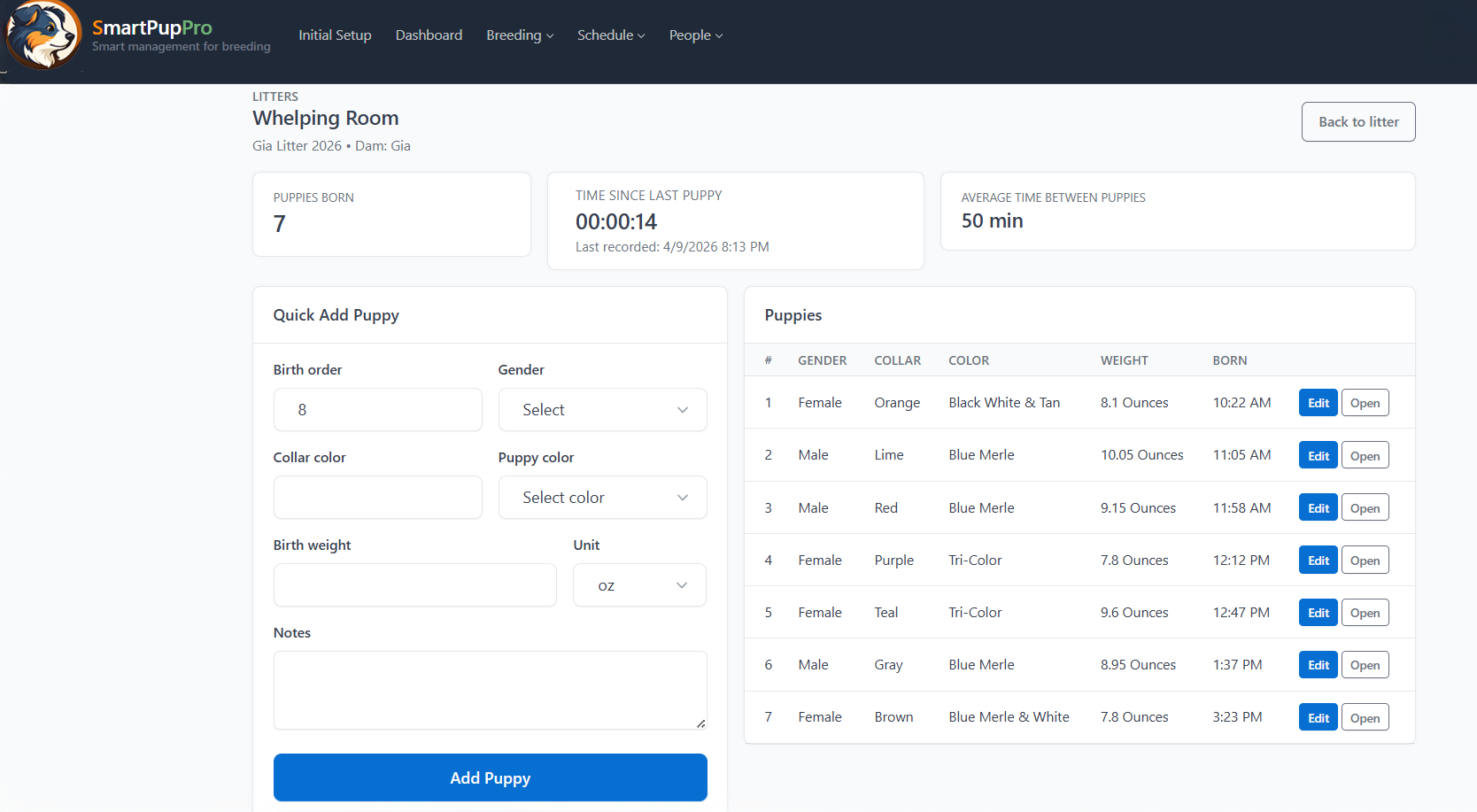 SmartPupPro litter record tracking screenshot